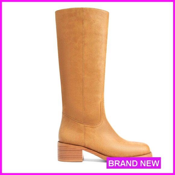 Shoes - Knee High Boots Square Toe Chunky Heel Pull On Wide Calf Riding Boots